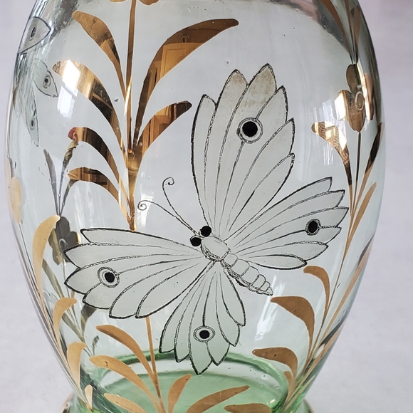 Delicate Glass Decanter with 3 Glasses. Handpainted Butterfly, Dragonfly, Gold - Picture 2 of 13